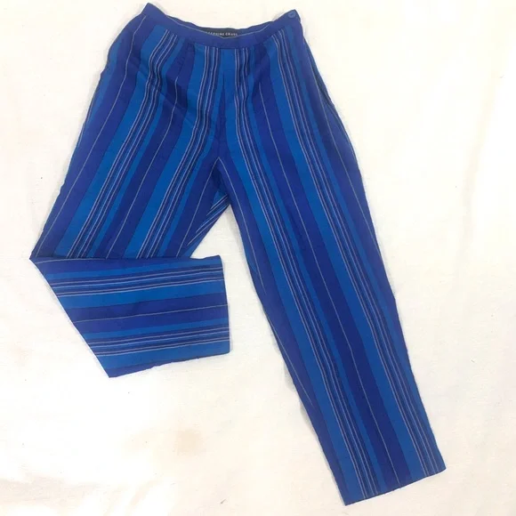 Pure Silk Blue Slimming Vertical Stripe Crop Pant Soft Pants Designer Trousers 6 - Picture 1 of 9